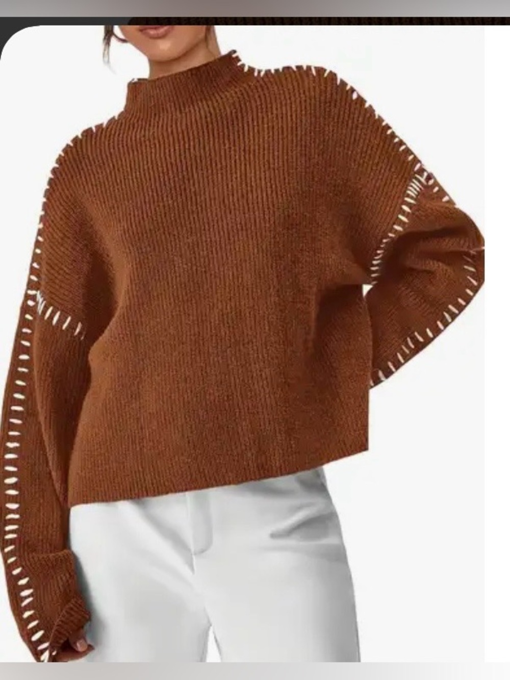 Cozy, Thick Brown Mock Neck Knit Sweater w/Contrasting White Stitch Detal SZ-L